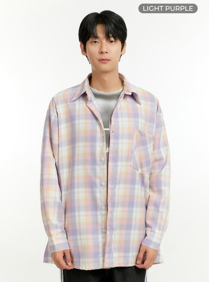 mens-checkered-buttoned-collar-shirt-il412 / Light purple