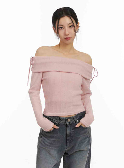 Off-Shoulder Slim-Fit Ribbon Sweater IJ503