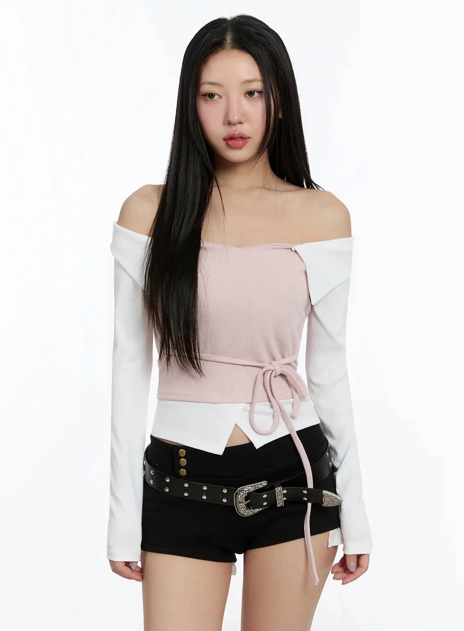 Ribbon-Tie Collared Off-Shoulder Top IM509