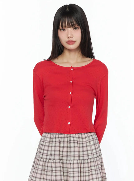 round-neck-eyelet-cropped-cardigan-iy526 / Red