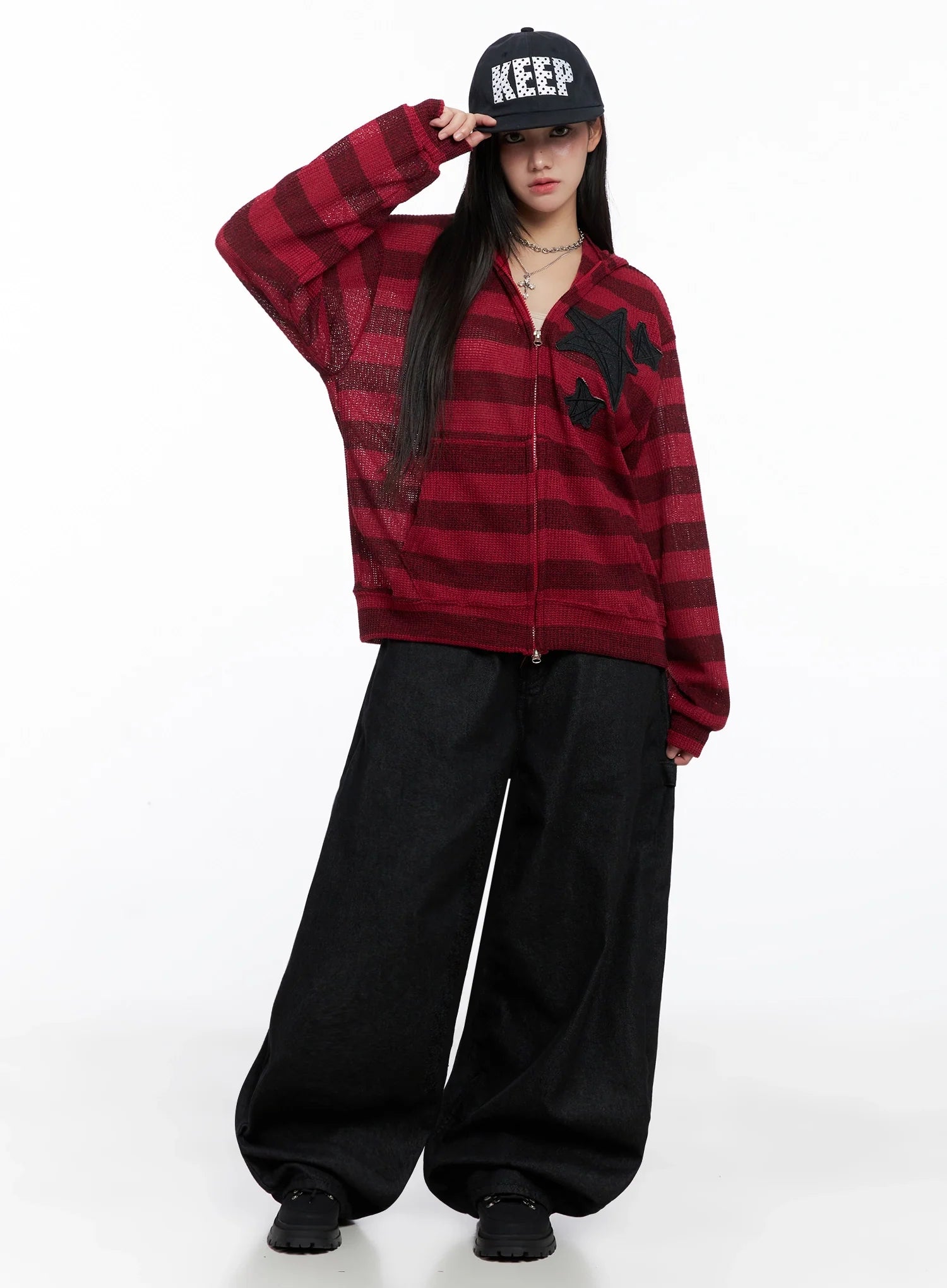 star-patch-striped-zip-up-is525 / Red