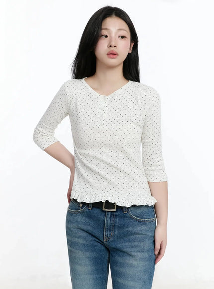 polka-dot-frill-hem-3-4-sleeve-top-im513 / White
