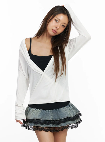 shirred-wrap-long-sleeve-top-iy515 / White