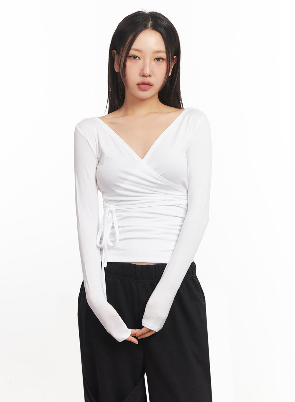wrap-shirred-long-sleeve-crop-top-ia524 / White