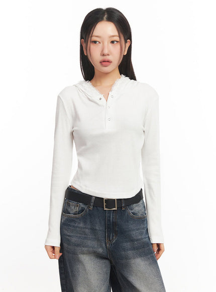 lace-trim-crop-hoodie-ia524 / White