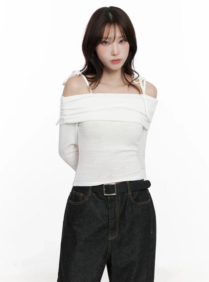 Knit Ribbon Strap Off-Shoulder Top IN514