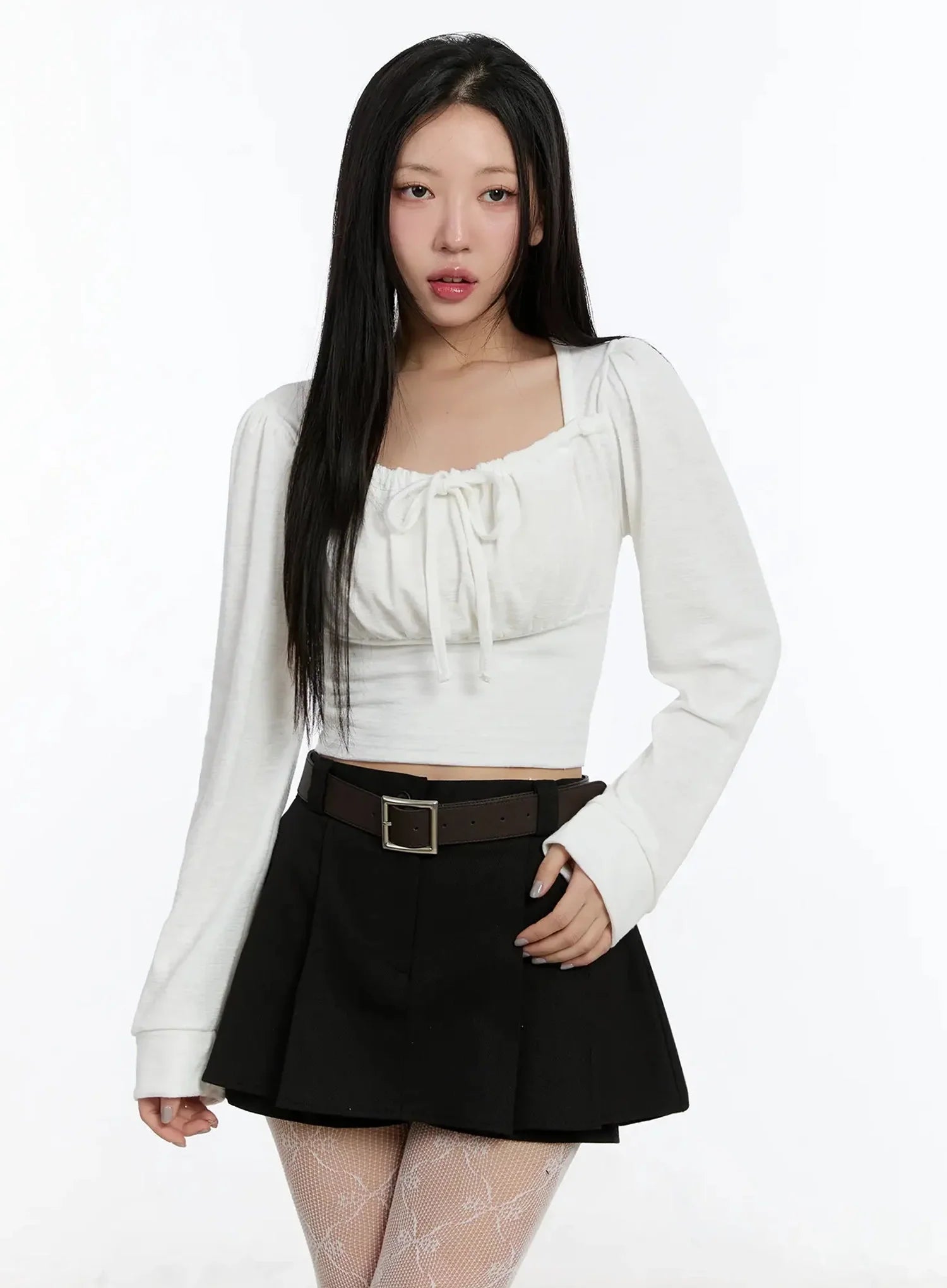 square-neck-ribbon-long-sleeve-top-im513 / White