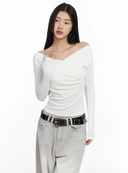draped-v-neck-long-sleeve-top-ia508 / White