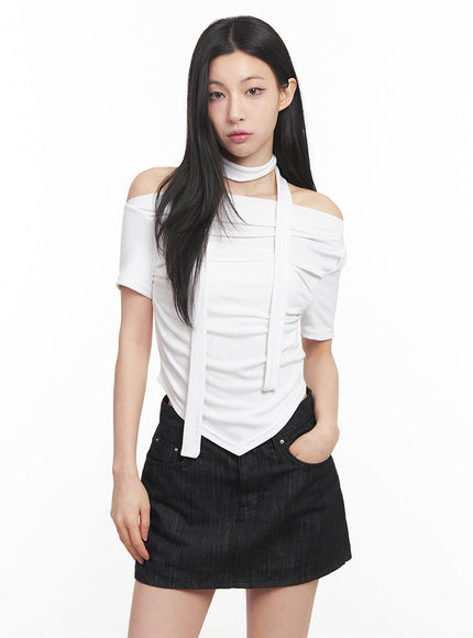 off-shoulder-crop-tee-scarf-set-iy516 / White