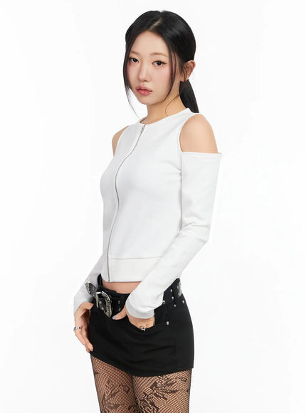 chic-shoulder-cut-out-zip-up-top-ia507 / White