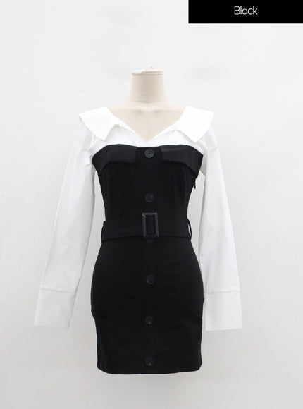 Layered V-Neck Button Belt Mini Dress ID29