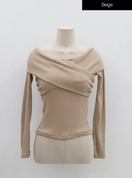 Off-Shoulder Cross Knit Long Sleeve T-Shirt IN07