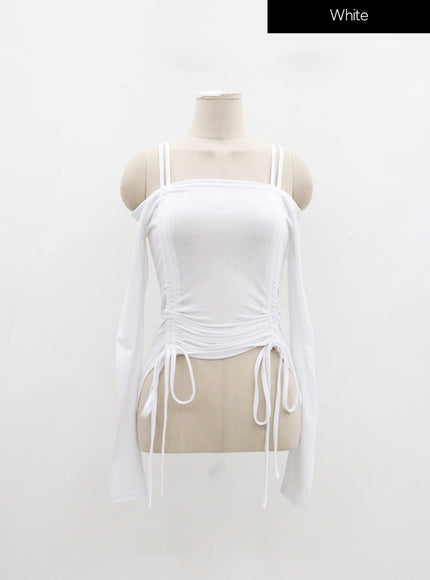 Off-Shoulder Double Front Tie Ruched Top IJ304