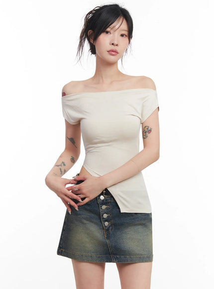 slit-off-shoulder-tee-ic503 / Beige