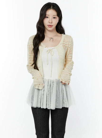 crochet-tie-front-cardigan-iy511 / Beige