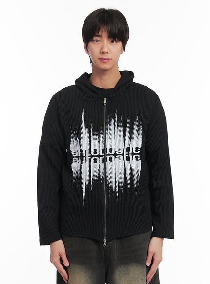 mens-ribbed-knit-graphic-hooded-jacket-ia511 / Black