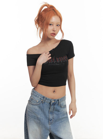 graphic-one-shoulder-crop-top-ia517 / Black