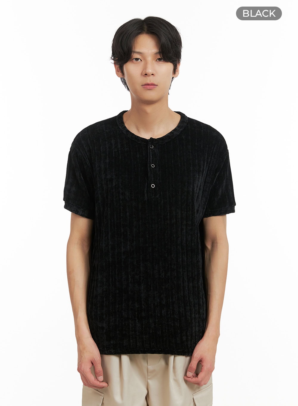mens-velvet-striped-button-t-shirt-iy402 / Black