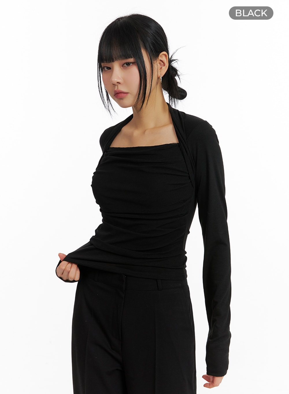 square-neck-ruched-long-sleeve-top-im414 / Black