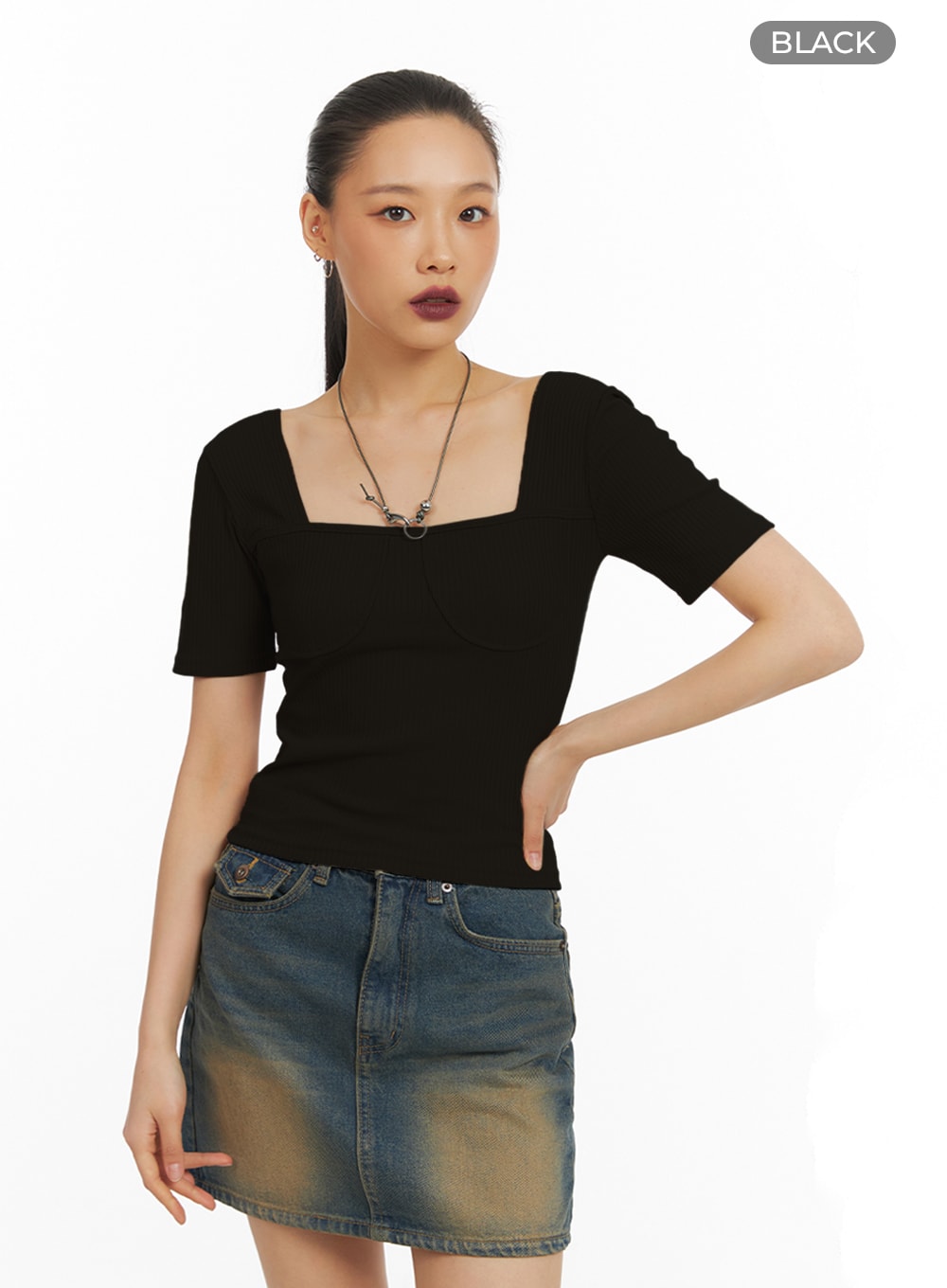 ribbed-slim-fit-square-neck-top-ia417 / Black