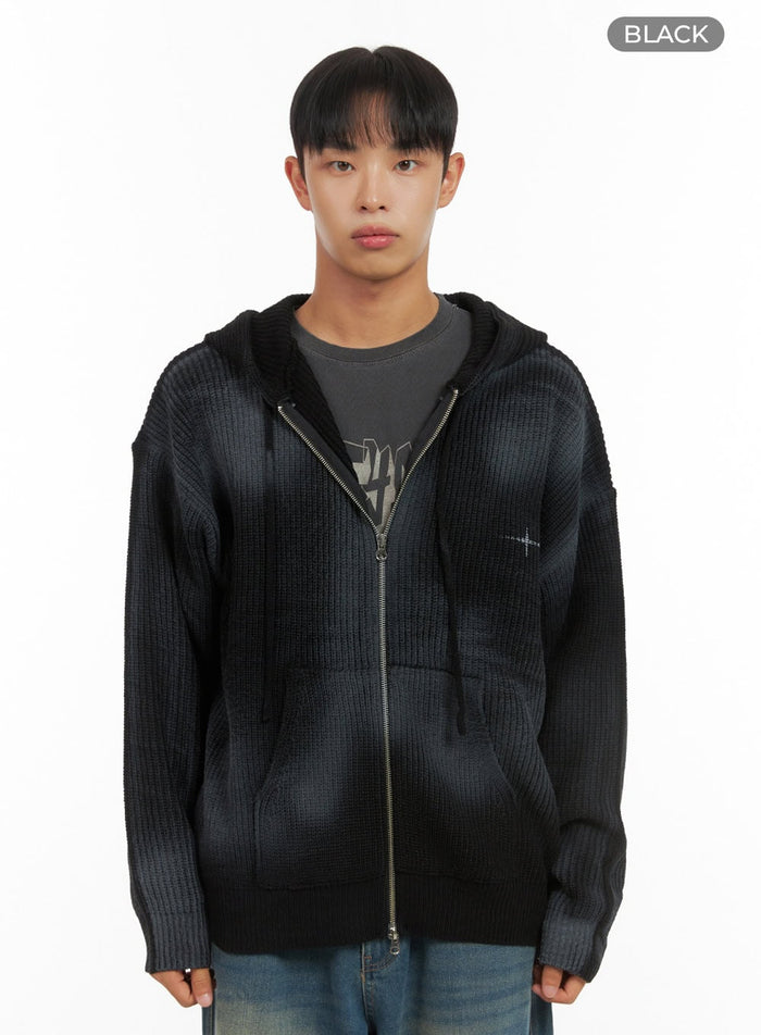 mens-two-way-zip-up-graphic-hooded-knit-is420 / Black