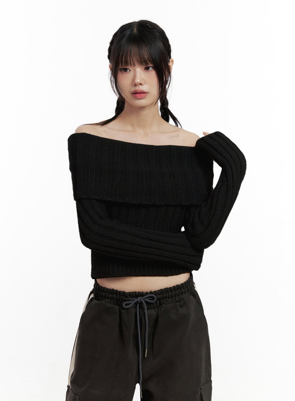 slim-fit-off-shoulder-sweater-id402 / Black