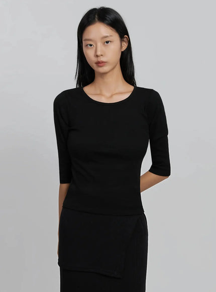 quarter-sleeve-round-neck-top-id516 / Black