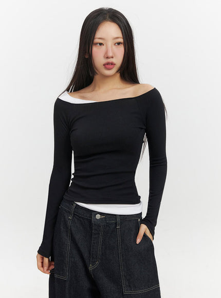 off-shoulder-asymmetric-long-sleeve-top-if510 / Black