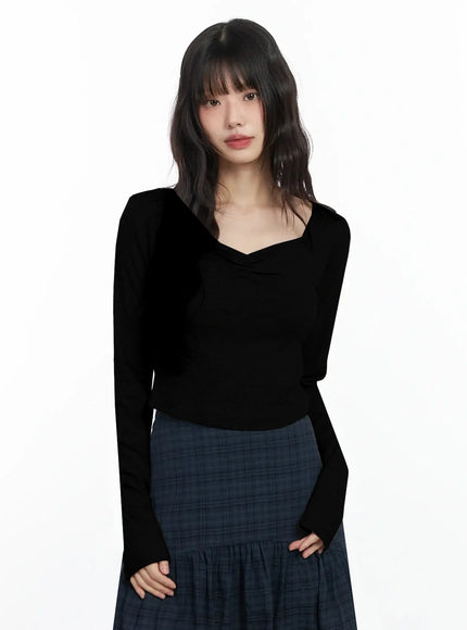 shirred-neck-long-sleebe-top-if505 / Black