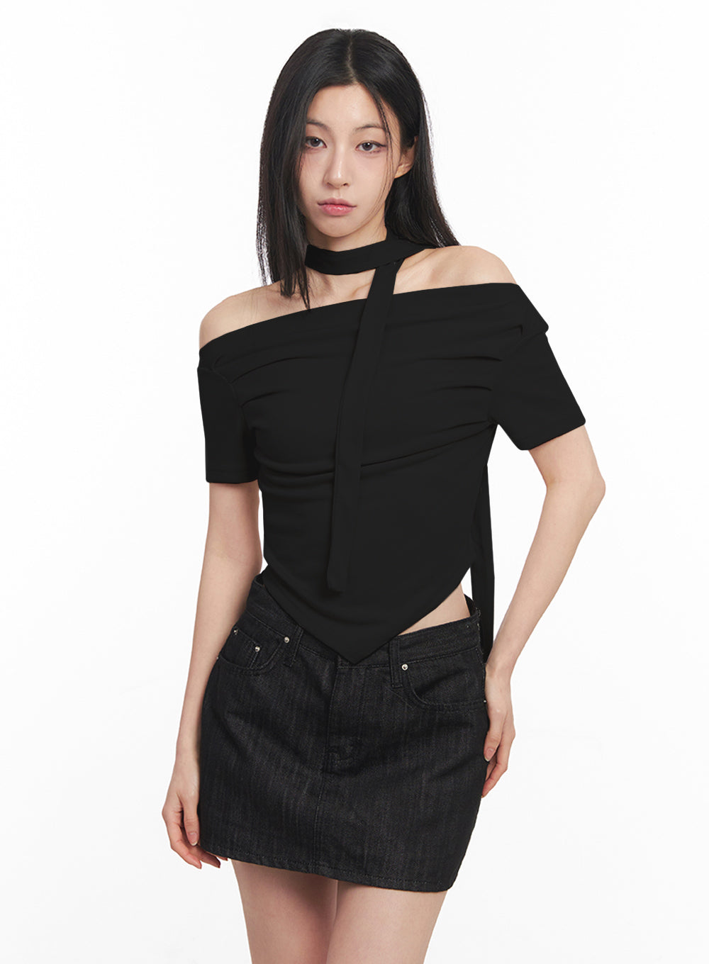 off-shoulder-crop-tee-scarf-set-iy516 / Black