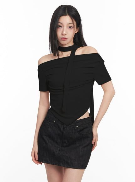 off-shoulder-crop-tee-scarf-set-iy516 / Black