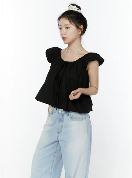 puff-sleeve-tie-front-blouse-iy511 / Black
