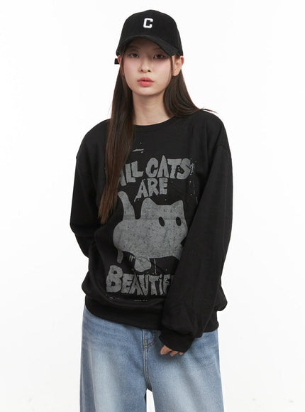 Oversized Cat Graphic Crew Neck IJ527