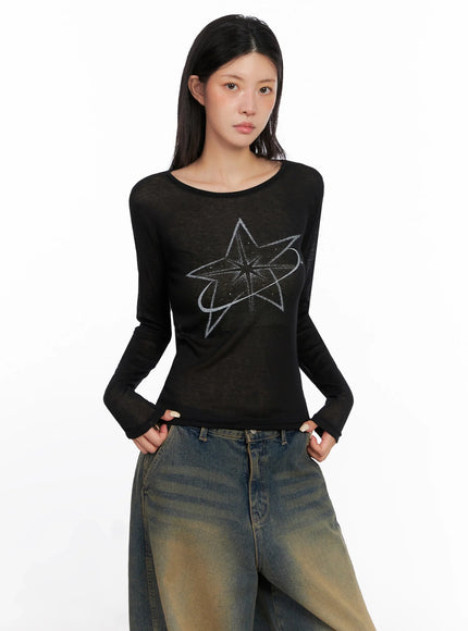 Sheer Star Graphic Long Sleeve Top IS508