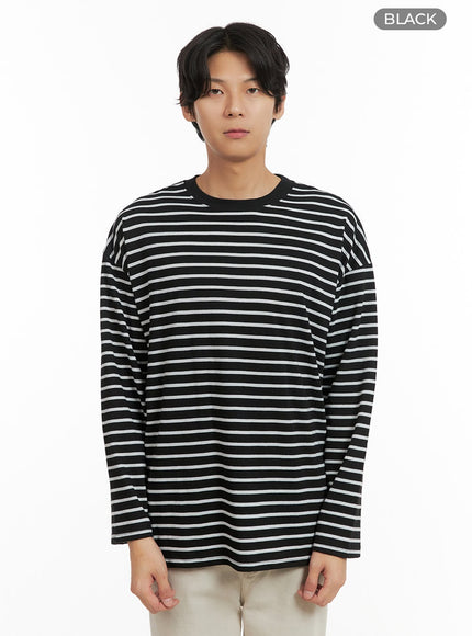 mens-stripe-crew-neck-long-sleeve-top-iy410 / Black