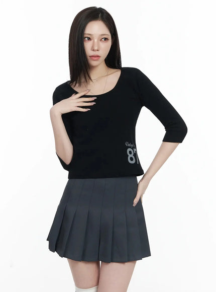 vintage-numeral-half-sleeve-fleece-top-ij528 / Black