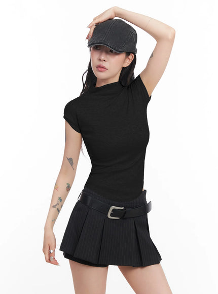 mock-neck-fitted-short-sleeve-top-ic503 / Black