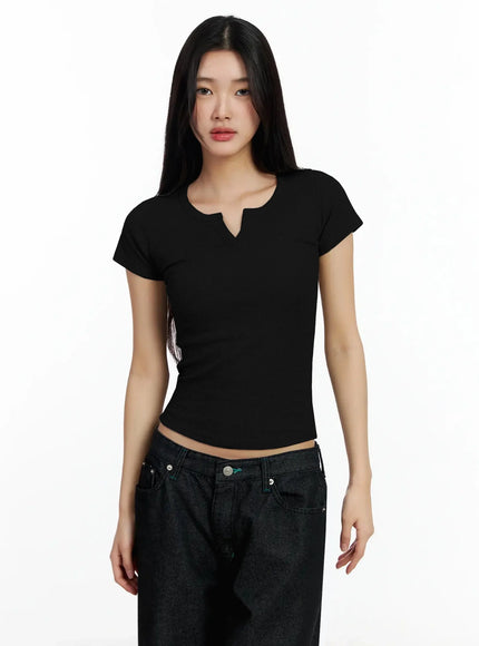 v-neck-ribbed-short-sleeve-tee-im530 / Black