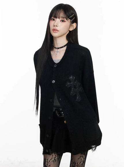 distressed-graphic-print-cardigan-iy511 / Black