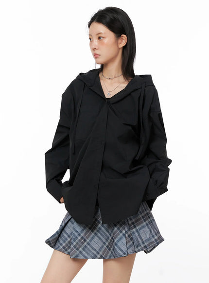 oversized-button-up-hoodie-jacket-is508 / Black