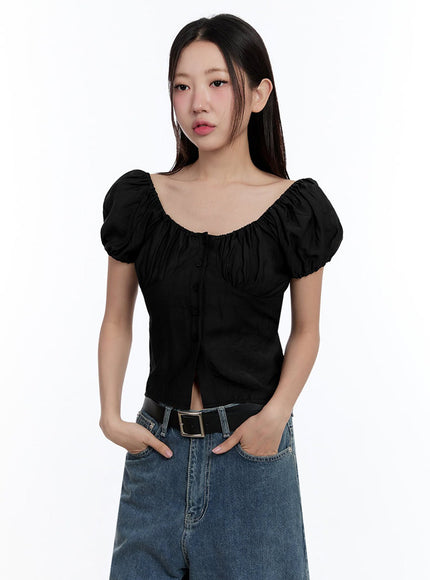 off-shoulder-puff-sleeve-crop-top-iu509 / Black
