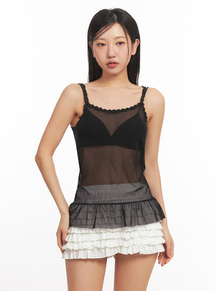 sheer-frill-trim-lace-cami-top-ia524 / Black