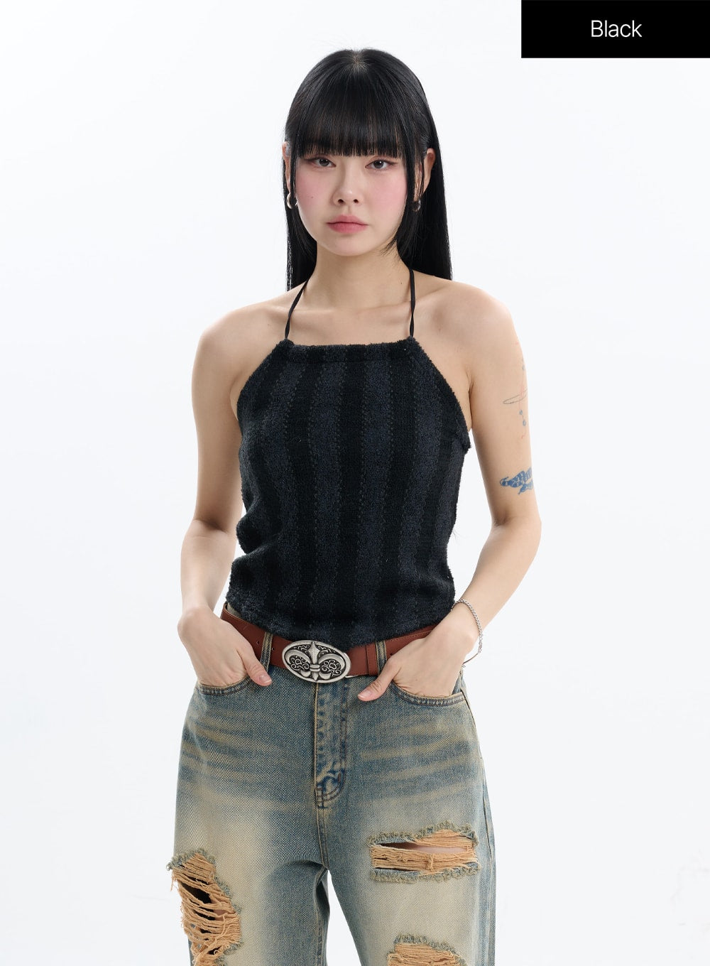 knit-halter-crop-cami-top-if413 / Black