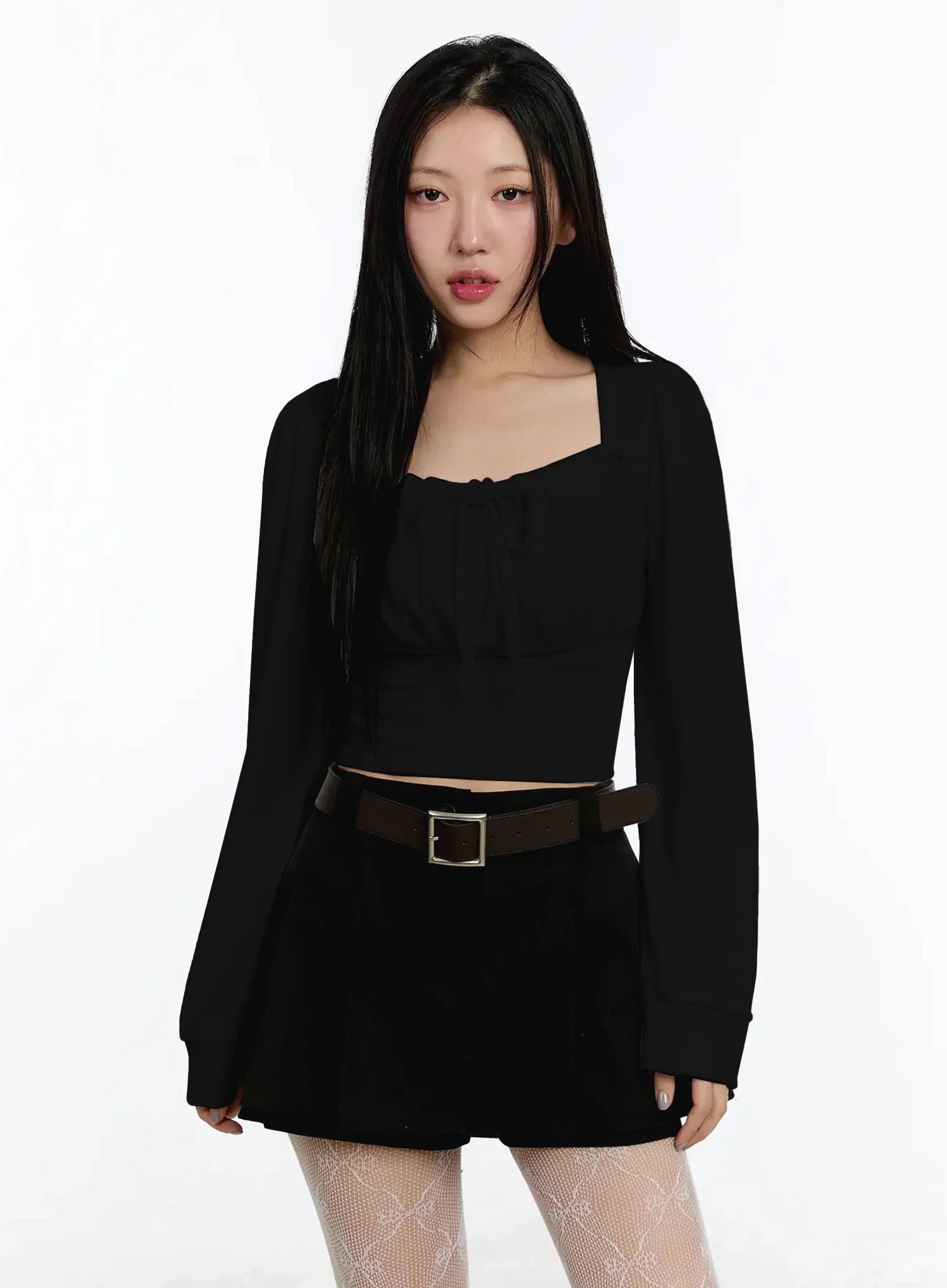 square-neck-ribbon-long-sleeve-top-im513 / Black