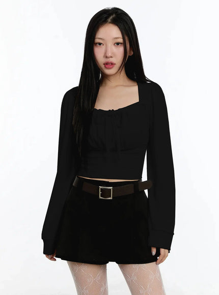 square-neck-ribbon-long-sleeve-top-im513 / Black