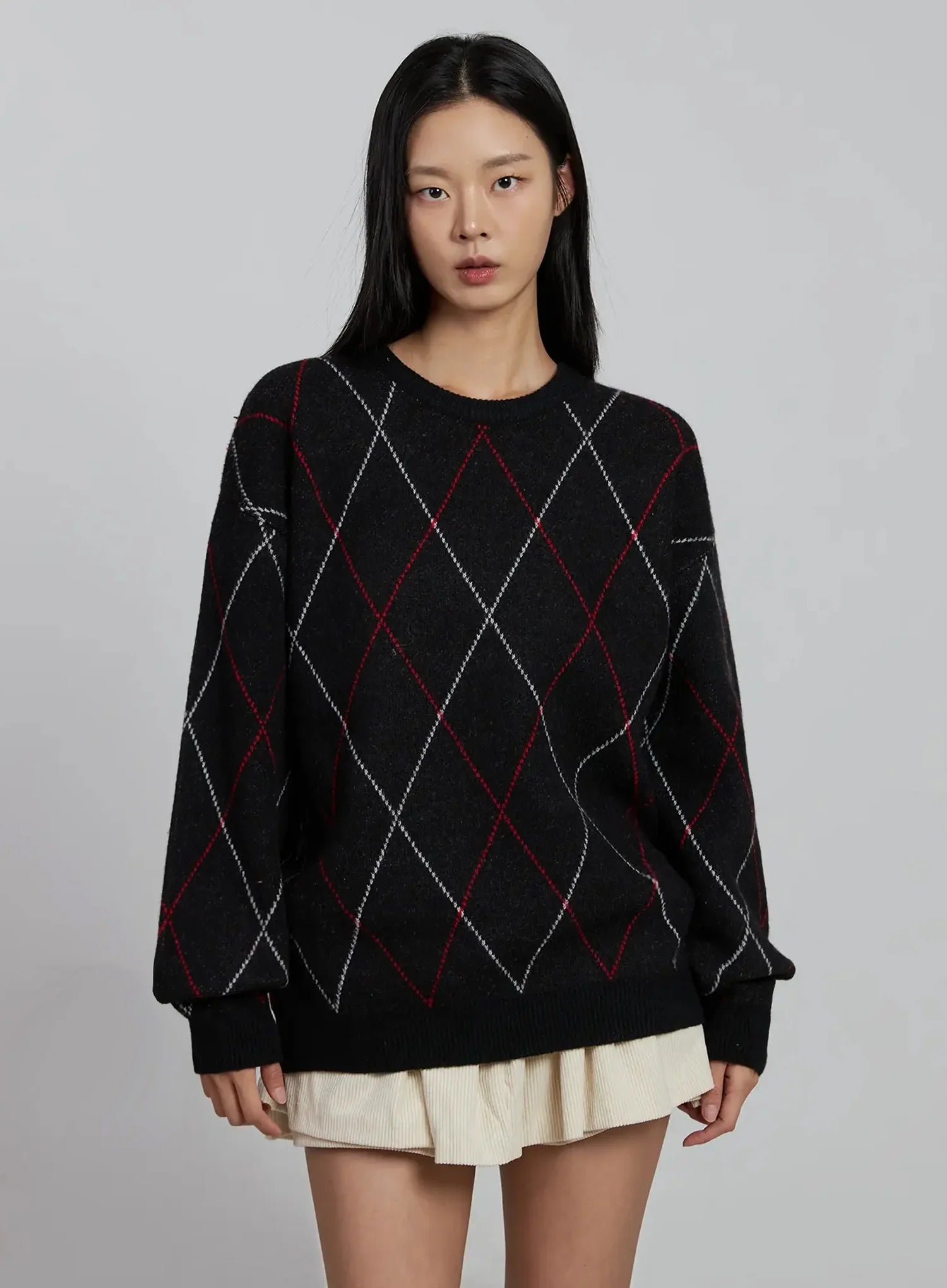 argyle-patterned-knitted-sweater-im520 / Black