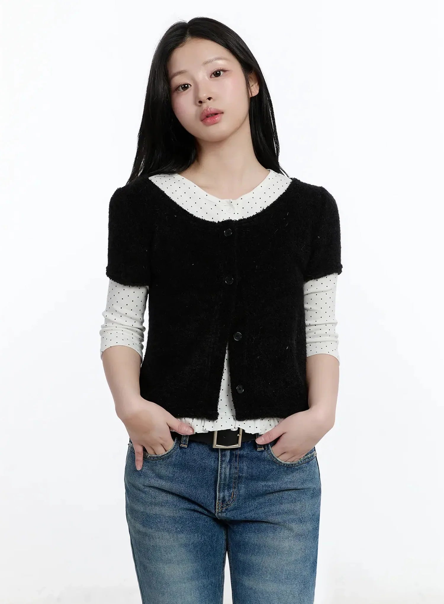 textured-knit-shoulder-puff-short-sleevecardigan-im513 / Black