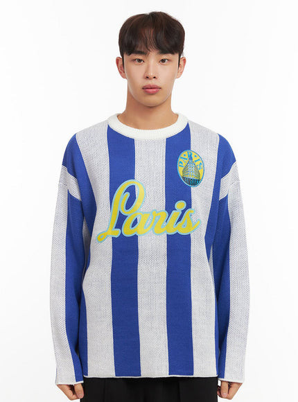 mens-striped-oversized-graphic-sweater-if521 / Blue