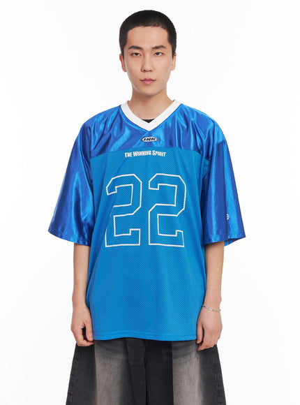 mens-mesh-v-neck-graphic-tee-iy505 / Blue