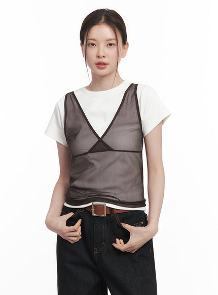 sheer-v-neck-tank-top-iy513 / Brown